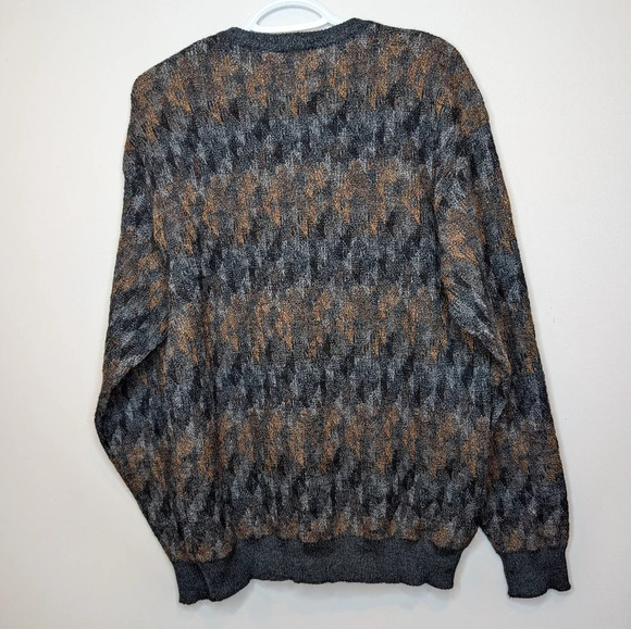 Vintage Knit Wool Crew Neck Grey & Brown Patterned Sweater Mens Large Grandpa - Picture 2 of 7